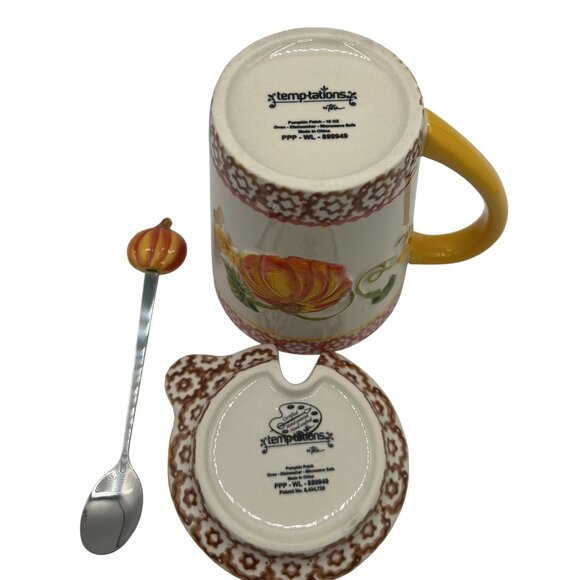 Temptations Hand Crafted & Painted 3D Pumpkin Harvest Mug Spoon & Lid 16 oz 3pcs - Picture 7 of 13